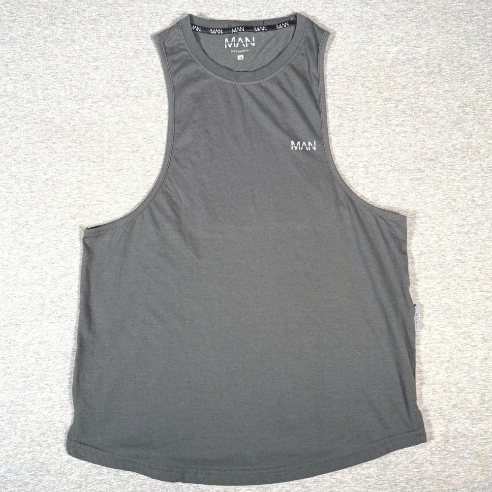 boohooMAN Men's Medium Charcoal Gray Sleeveless Tank Top MAN Logo